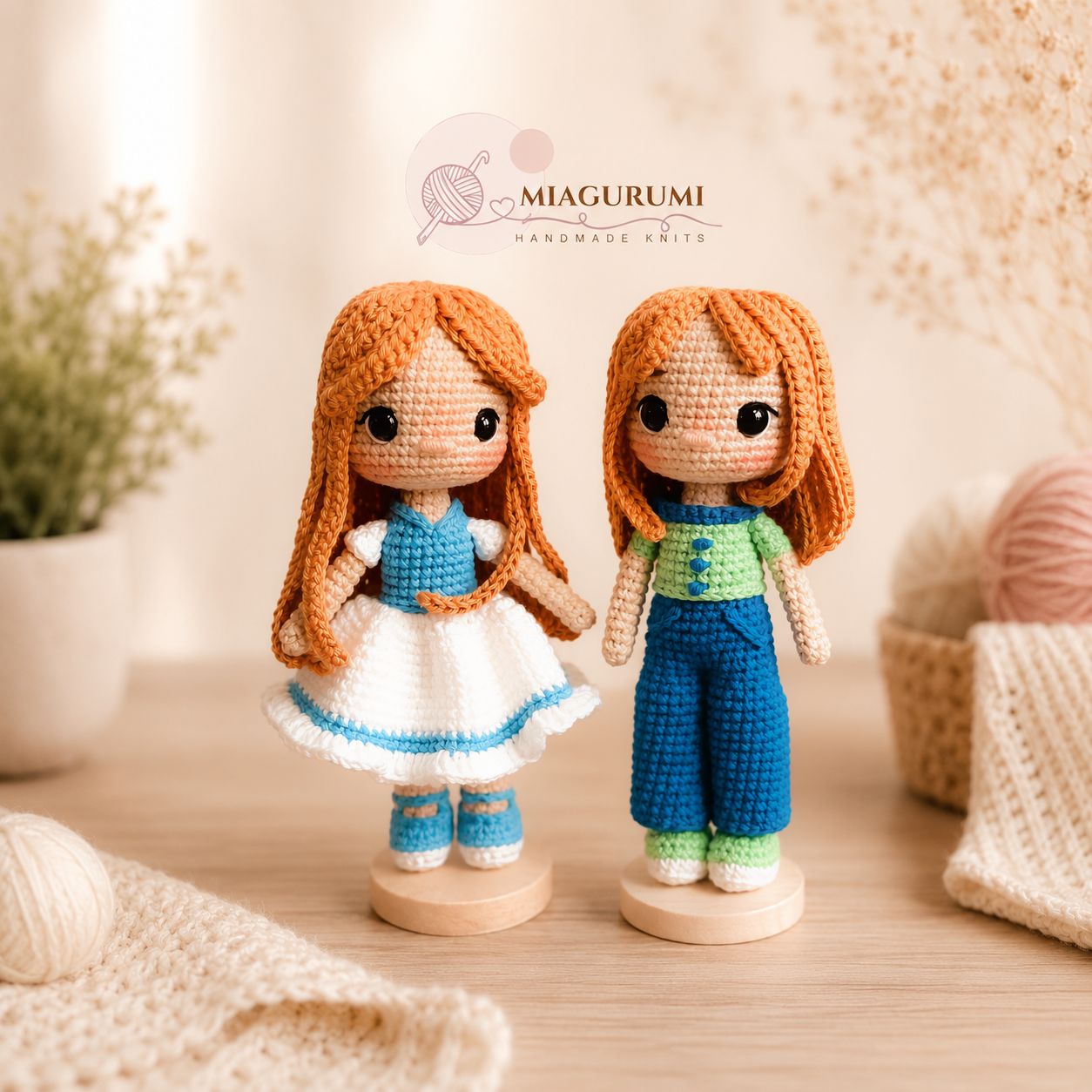 Muñecas de hermanas personalizadas hechas a mano en crochet con estética artesanal y cálida