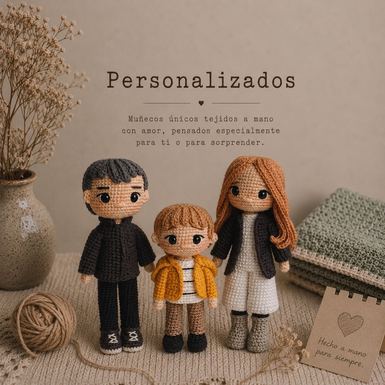 Muñecos personalizados tejidos a mano en crochet, inspirados en personas y recuerdos especiales, con una estética artesanal cálida y delicada.