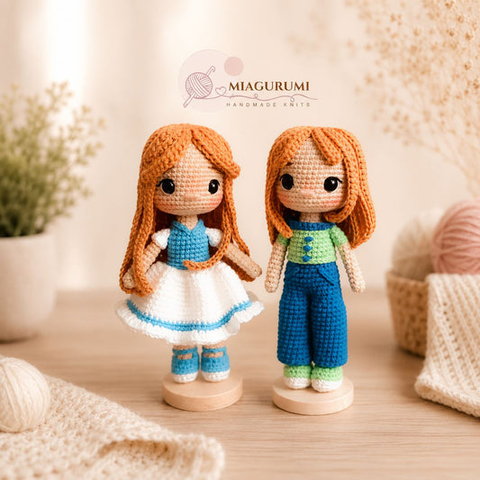Muñecas de hermanas personalizadas hechas a mano en crochet con estética artesanal y cálida
